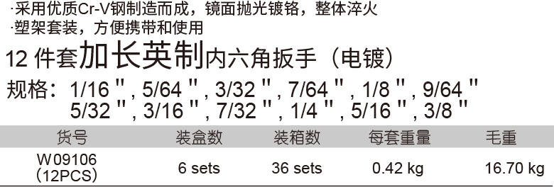 球頭電鍍加長內六角板手組套（英制）(圖1)